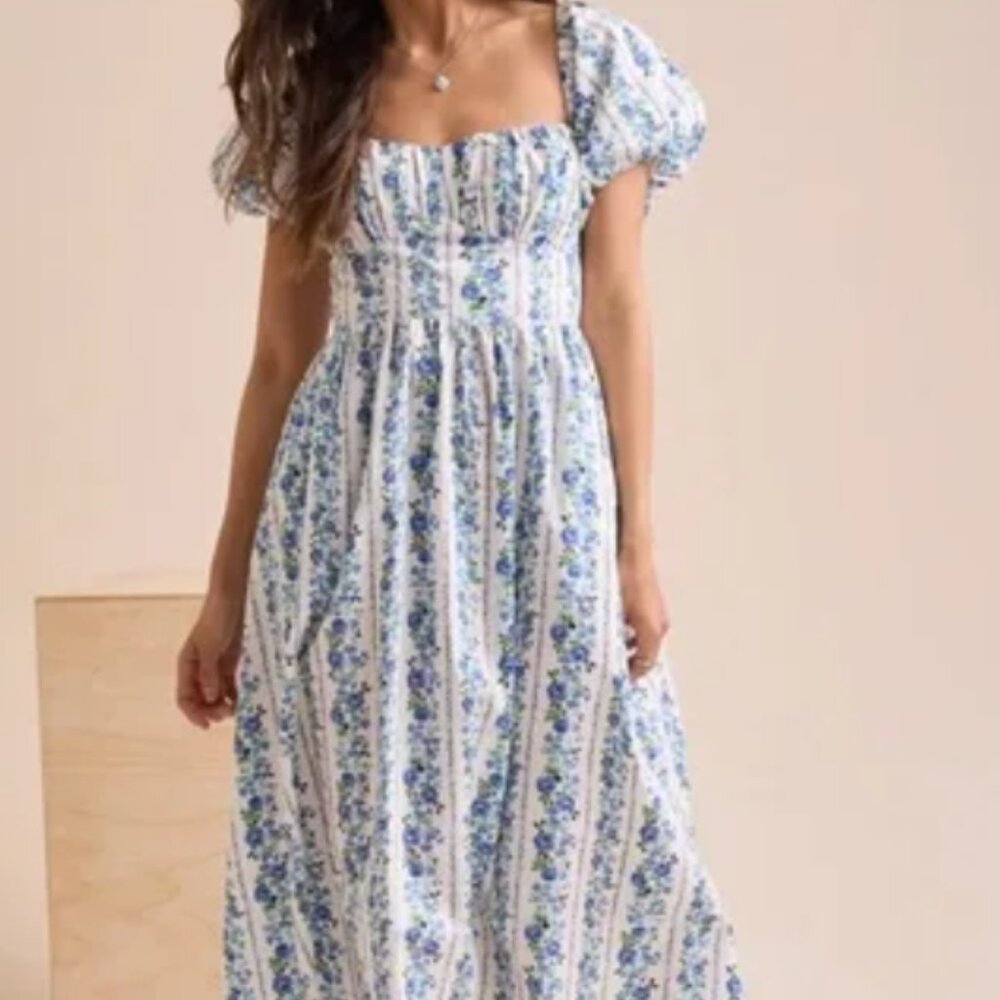 Altar'd State Reagan Blue Rose Floral Puff Sleeve Maxi Dress